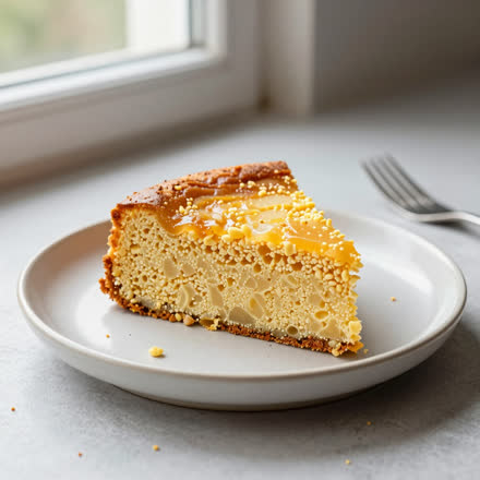 Fatia de bolo de fubá num pratinho.