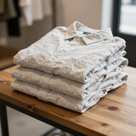 Camisas de linho dobradas sobre uma mesa de madeira.