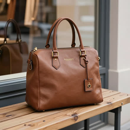 Bolsa de couro apoiada num banco perto da vitrine.